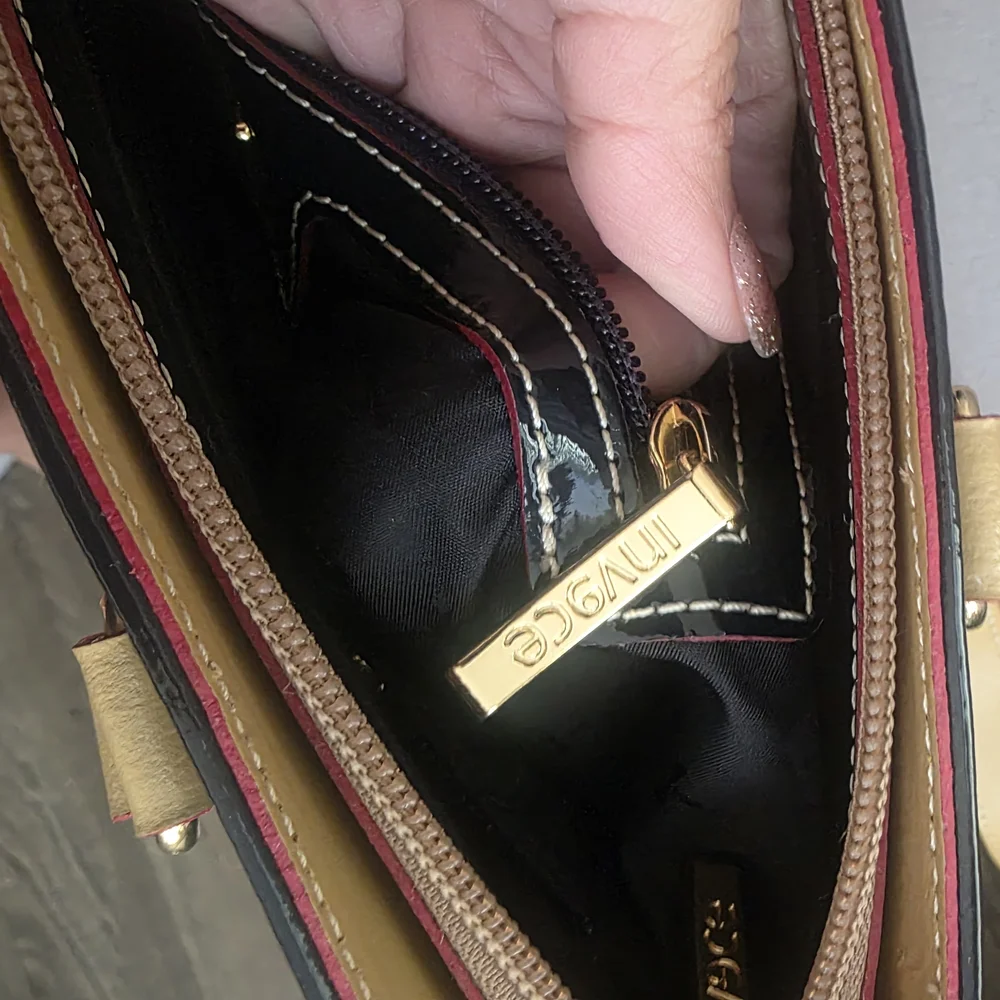 INVECE Blue Dark Patent Tote with Tan Handles - Women Bags.used,paint Defect.